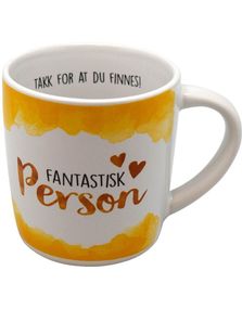 Fantastisk person - vit och gul mugg med text