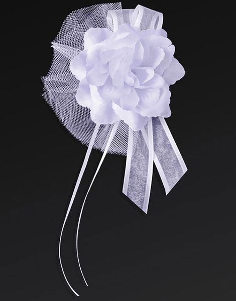 4 stk Vita Blommor med Tyll och Satinband 14 cm