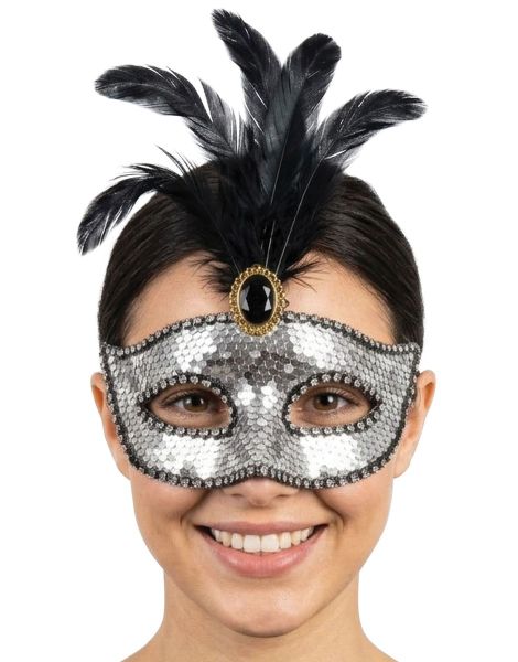 Silverfärgad Ögonmask med Paljetter och Fjädrar