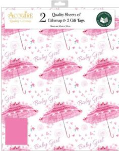 2 stk Baby Girl Rosa Paraply Gavepapir med 2 stk Navnelapper - 50x70cm