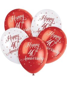 Happy 40th Anniversry- 5 stk Røde og Hvite Ballonger 30 cm 