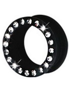 Silikon Piercing Tunnel i Svart med Klara Stenar