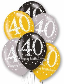 40 Happy Birthday - 6 stk Svarte, Sølv- og Gullfarget Ballonger 27 cm