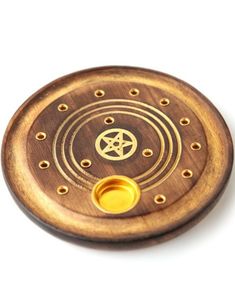 Rund Rökelsehållare i Mangoträ med Gyllene Pentagram - 10 cm