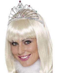 Silverfärgad Tiara med röda och gröna stenar