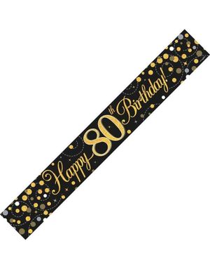 Happy 80th Birthday - 2,7 Meter Svart og Gullfarget Holografisk Banner