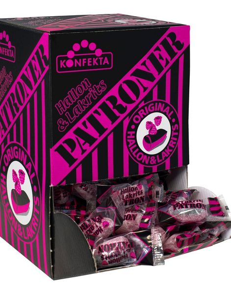 200 stk Hallon & Lakrits Patron - Sukkertøy med Bringebær og Lakrissmak - Hel Eske