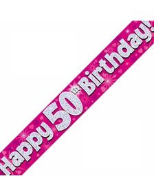 Happy 50th Birthday - 2,7 Meter Rosa og Sølvfarget Holografisk Banner