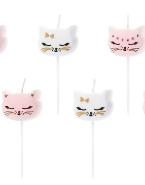 6 stk Katte Kakelys i Hvit og Rosa