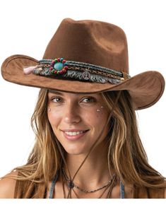 Brun Filtcowboyhatt med Bånd, Frynser og Perler
