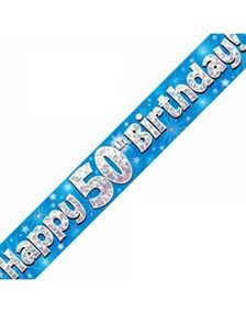 Happy 50th Birthday - 2,7 Meter Blå og Sølvfarget Holografisk Banner