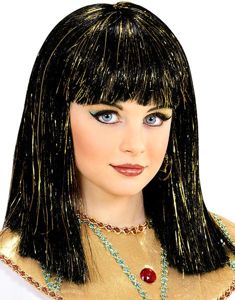 Svart Egyptisk Barnperuk med Guldfärgade Slingor