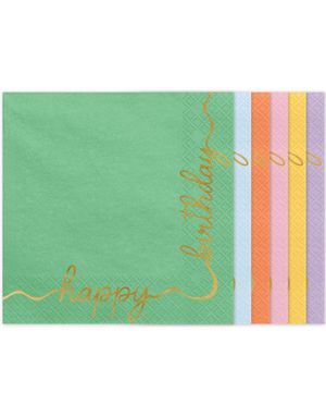 12 stk Flerfarget Servietter med Happy Birthday Gullskrift 33x33 cm