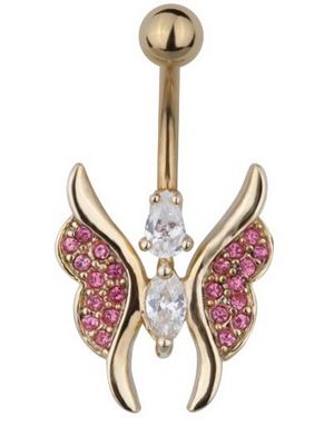 Guldfärgad Navelpiercing av Sommarfågel med Rosa & Vita Stenar