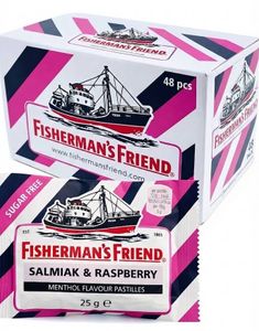 48 st Sockerfri Fisherman's Friend Med Smak Av Hallon, Salmiak Och Mentol - Hela Lådan 1,2 kg