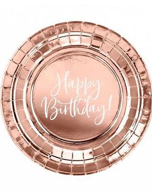 6 stk Rosegullfargede Happy Birthday Papptallerkener 18 cm