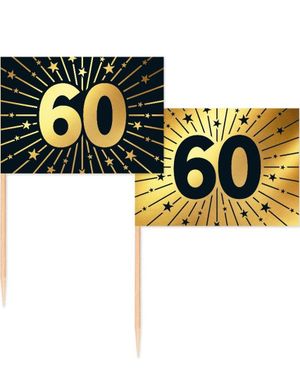 50 St 60 År Mat/Kakflagga 6,5 Cm - Svart Och Guld