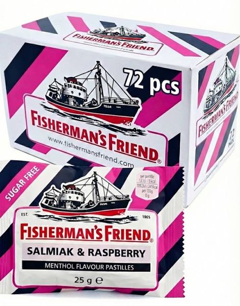 72 st Sockerfri Fisherman's Friend Med Smak Av Hallon, Salmiak Och Mentol - Hela Låda 1,8 kg