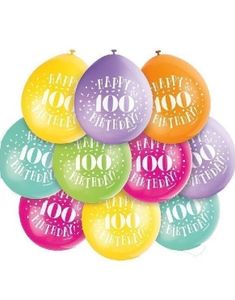 Happy 100th Birthday -  10 st Flerfärgade Ballonger 23 cm