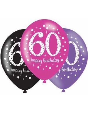 60-Års Dagen - 6 stk Svart, Rosa og Lilla Ballonger 27,5 cm