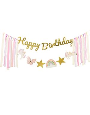 Pastell og Gullfarget Enhjørning Banner 230 cm - Happy Birthday