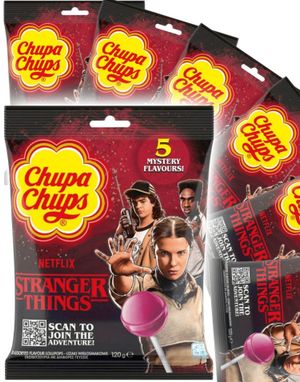 12 stk Chupa Chups Stranger Things Lollipop 5 Mystery Flavours - Kærligheder Med 5 Forskellige Smage - Hel Kasse 1,44 kg