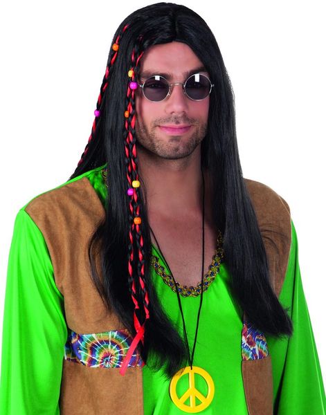 Svart Hippieperuk med Röda Slingor och Pärlor