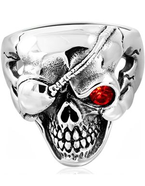 Pirate Skull - Silverfärgad Stålring med Röd CZ Sten