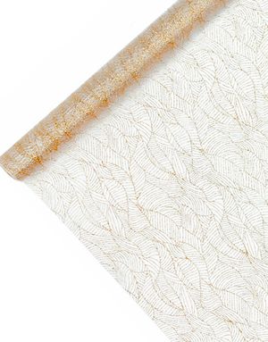 VIT Organzalöpare med Guldfärgad Blad-Design 48 cm x 9 meter