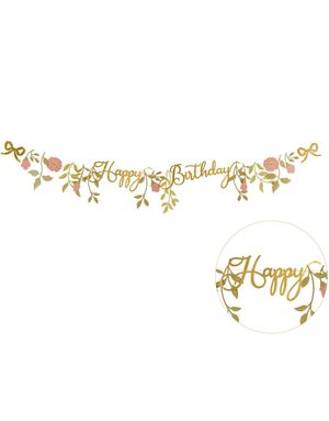 Gullfarget Happy Birthday Banner med Blomster 1.3 Meter
