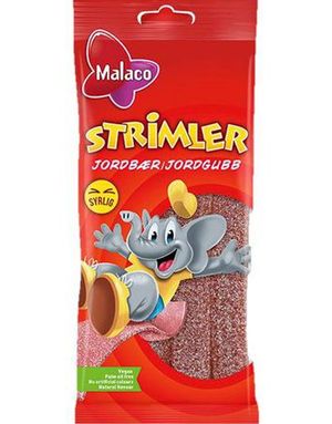 Malaco Syrlige Strimler - Vingummibelter med Syrlig Jordbærsmak 80 gram