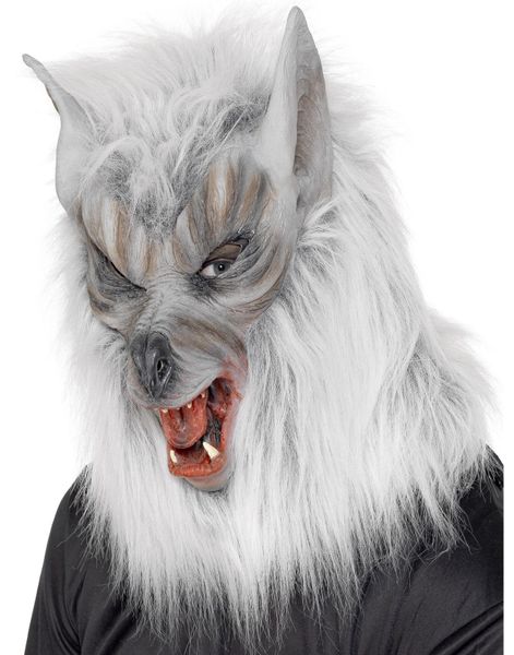 Heltäckande Varg Latexmask med Grå Fuskpäls