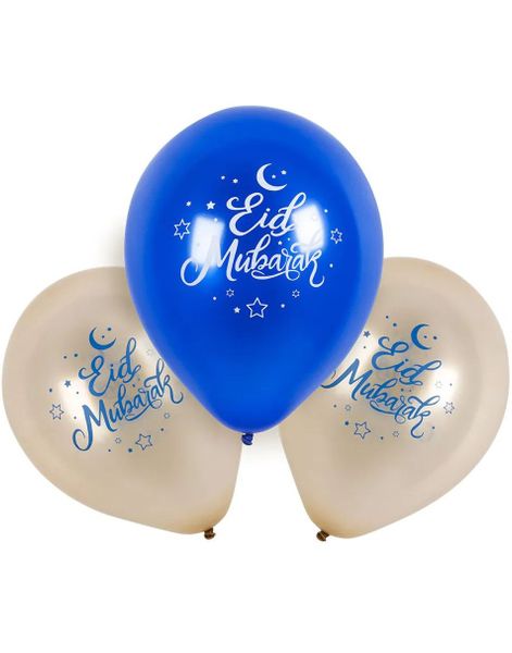 6 stk 25 cm Eid Mubarak - Blå og Gullfargede Ballonger
