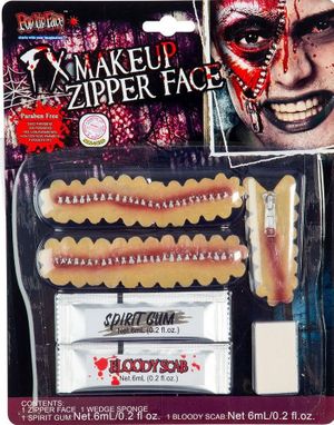 Zipper Face - Sett med Blodig Glidelås Deler, Blod, Svamp og Teaterlim