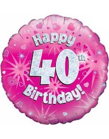 Happy 40th Birthday - Rosa Holografisk Folieballong 45 cm