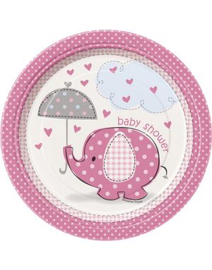 8 st Papptallrikar 17 cm - Babyshower Pink Elephant