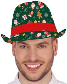 Grønn Fedorahatt med Julemotiver