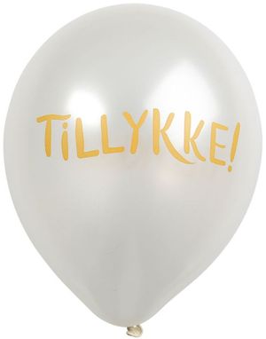 6 stk Hvite "Tillykke" Ballonger med Gullfarget Skrift 30 cm