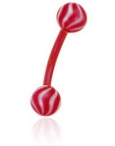 Banan Ögonbrynspiercing i Rött med Randiga Vita och Röda Kulor - 1.2 x 8 mm