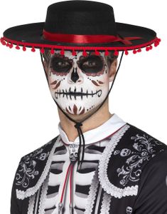 Svart Day of the Dead Hatt med Rött Band och Tofsar