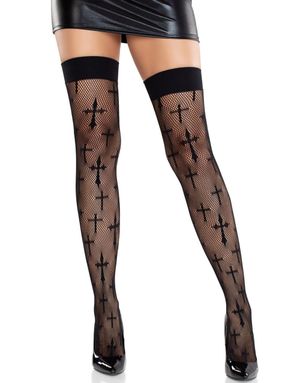 Netting Lårstrømper med Korsmønster – Svart