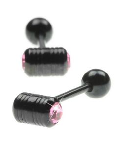 Tungpiercing med två Rosa Stenar i Toppkulan - Svart