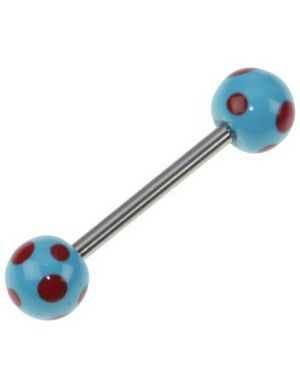 Blå Handmålad Tungpiercing med Röda Prickar
