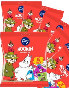 12 Påser med Fazer Moomin / Mummintrollet Klubbor - Hel Låda 1440 gram