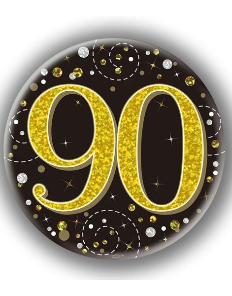 90-Års Firande Svart och Guld Holografisk Stor Button/Badge