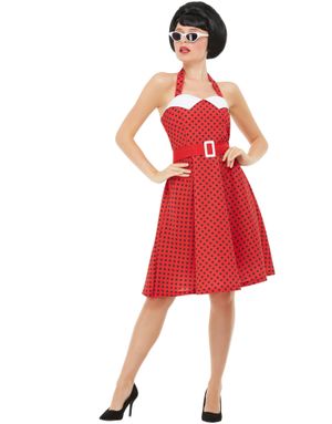 Röd 50-tals Pin Up Dräkt med Svarta Prickar