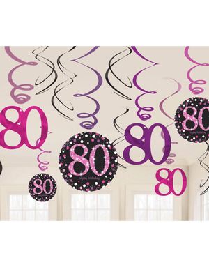 12 st 80-Års Födelsedag Svarta och Rosa Hängande Swirls