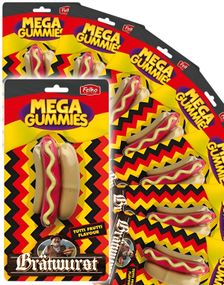 1809820800_59 st Mega Gummies German Bratwurst - Vingummikorv med Tutti Fruttismak - Helt Låda 1,08 kg