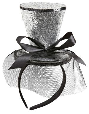 Glittrande Silver Mini Topp Hatt med Band och Slöja