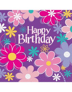 20 St "Happy Birthday" Servetter med Blommigt Motiv 33x33 - Birthday Blossoms